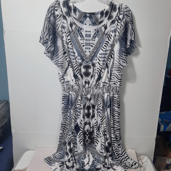 Style & Co Dress XL Black White Fit & Flare Wing Sleeve Midi Elastic Waist - Picture 2 of 10